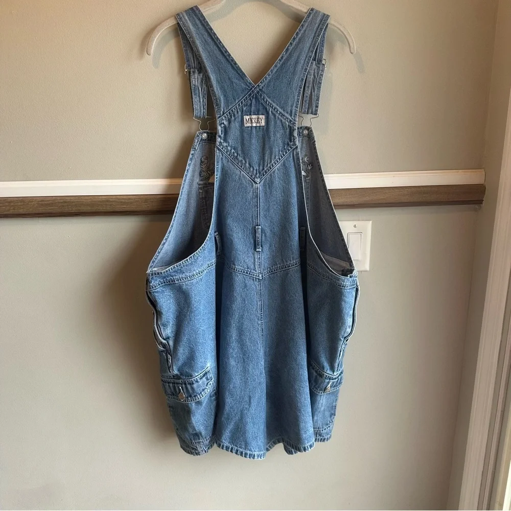 Vintage 90s Mickey & Pluto Overalls Embroidered Disney Denim Shortalls - Picture 2 of 6